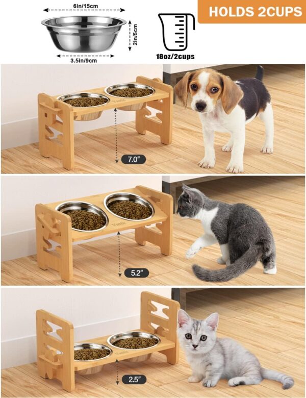 Vantic Elevated Dog Bowls-Adjustable Raised Dog Bowls with Stand for Small Size Dogs and Cats, Sturdy Bamboo Dog Feeder with 2 Stainless Steel Bowls and Non-Slip Feet - Image 2