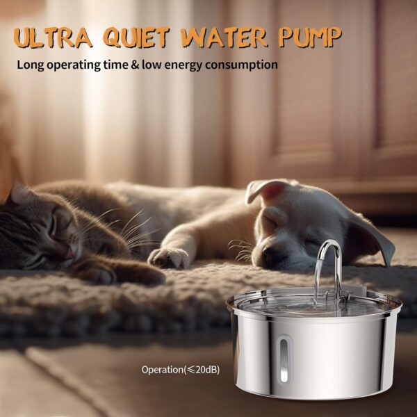 Tomxcute Cat Water Fountain,Stainless Steel Cat Fountain 3.2L/108oz Automatic Pet Fountain with Water Levels Window,Ultra-Quiet Pump and 3 Replacement Filters & for Multiple Pets - Image 3