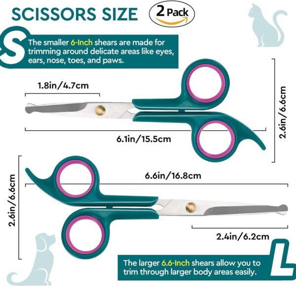 Professional Dog and Cat Grooming Scissors, Pet Grooming Shears, Sharp Stainless Steel Blade With Round Tips - Safety Fur Trimming for Dogs, Cats, Horses (Set of 2) - Image 2