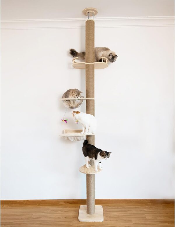 Cat Tree Floor to Ceiling Natural Sisal Rope Scratching Post Height:55.52-118.5 Inches Adjustable Cat Tree Cat Modern Activity Tree