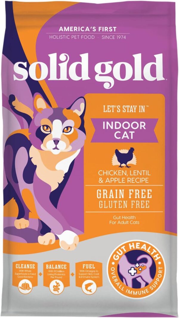 Solid Gold Indoor Dry Cat Food - Let's Stay in Cat Food Dry Kibble for Indoor Cats - Hairball & Sensitive Stomach - Grain & Gluten Free - Probiotics & Fiber for Digestive Health - Chicken - 6lb