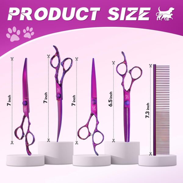 JASON Dog Grooming Scissors Set - Professional 6 in 1 Dog Shears Kit - 6.5" Thinning, 7" Straight, 7" Up-Curved, 7" Down-curved Scissors and Comb for Dog Cat Pet with Adjustable Screw (Purple) - Image 5