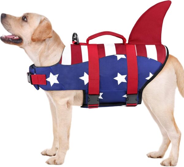 Malier Dog Life Jacket, High Buoyancy Shark Swimsuit, Ripstop American Flag, Medium, Red & Dark Blue - Image 2