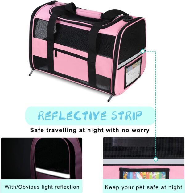 Cat Carrier Pet Carrier Airline Approved for Small Dogs Medium Cats Puppies 15 Lbs Dog Carrier with Reflective Strip, Collapsible Soft Sided Dog Travel Carriers - Pink - Image 3