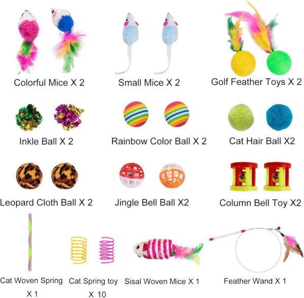 32Pcs Cat Toys Kitten Interactive Pet Toys Assortments, Foldable Rainbow Tunnel, Teaser Wand Fluffy Mouse Crinkle Balls Bell Play for Puppy Kitty (3 way) - Image 3