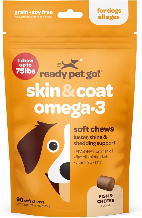 Healthy Dog Skin and Coat Supplement | Nourishing Omega 3 Fish Oil for Dogs Skin and Coat Plus Heart and Joint Support with EPA DHA & Vitamin E | Mange Allergy & Itchy Skin Relief for Dogs | 90 Chews