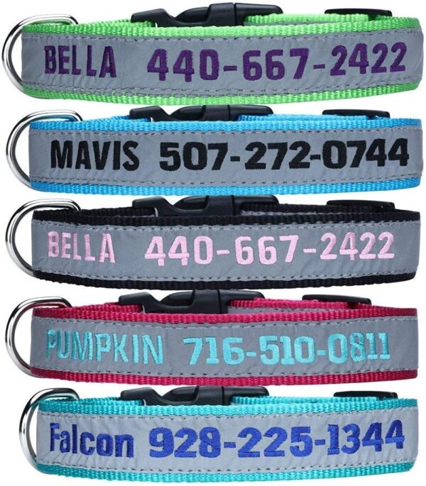 WANTIG Embroidered Personalized ID Collar, 4 Adjustable Sizes: Extra-Small, Small, Medium, Large with Dog Name Phone#, Reflective Pet Pink Collars for Boy & Girl Dogs, X XS M L XL