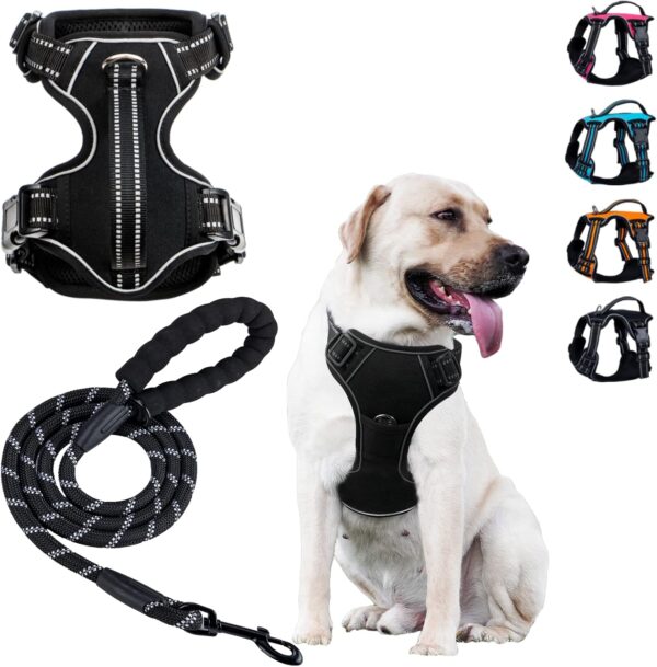 No Pull Dog Harness with Contrl Handle +5 Ft Heavy Duty Dog Leash Set,Adjustable & Reflective Dog Vest Harness for Small Medium Large Dog(Black,M)