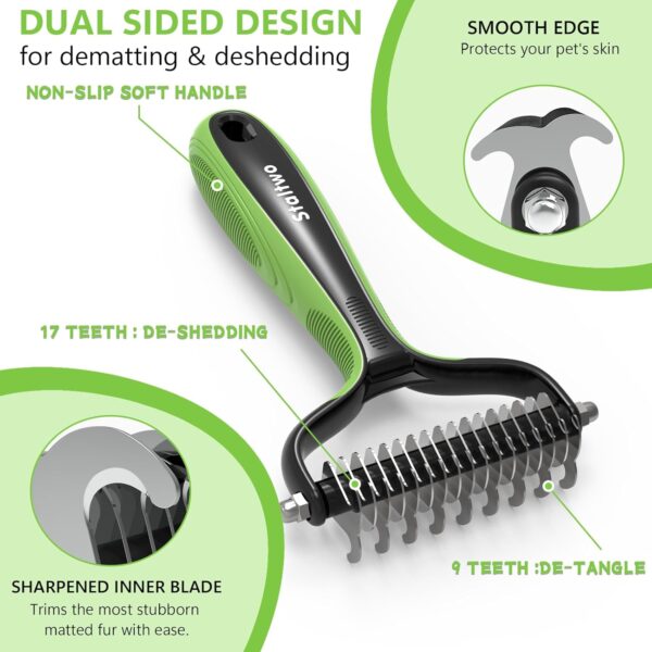 Pet Grooming Supplies - 2-in-1 Professional Undercoat Rake and Pet Brush | Shedding Control for Long Haired Dogs and Cats, Deshedding Tool, Furminator for Dogs, Green - Image 3