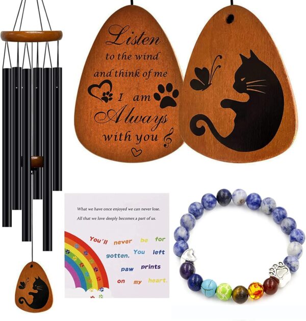 Cat Memorial Gifts Wind Chimes,Cat Loss Sympathy Gifts to Honor and Remember Cat,Pet Memorial Gifts for Cat Lovers with 7 Chakra Rainbow Bridge Bracelet,28 inches