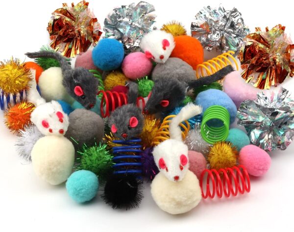 60 Packs Cat Toys Balls Set Spiral Springs Assorted, Kitten Ball Toys Assortments, Sparkle Ball, Cat Mouse Toy, Cat Crinkle Balls, Cat Springs, Furry Cat Toys Balls Soft Pom Pom Balls - Image 8