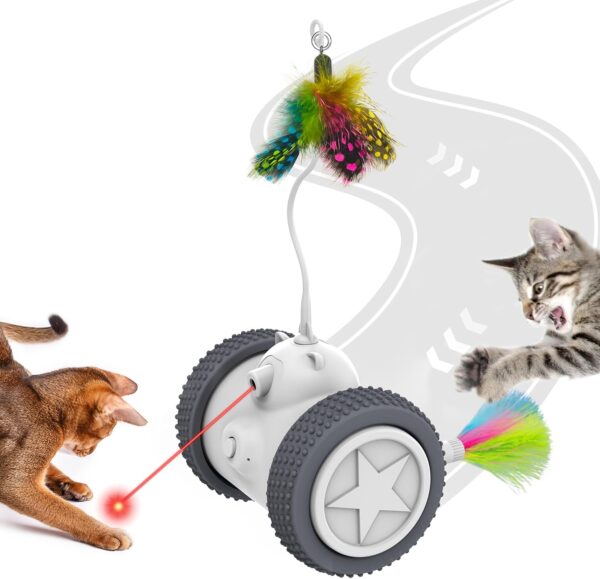 Potaroma Cat Laser Toys Interactive 3in1, Rechargeable, Automatic Moving Wheels, 2 Feathers, Indoor Kitten Exercise Kicker Toys, Assorted Colors Feathers for All Breeds