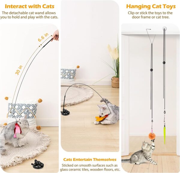 Cat Toys, 2 Pack 3 in 1 Interactive Cat Toy for Indoor Cats with Sticky Super Suction Cup Detachable 10 Pcs Replacements Feathers Balls Mice 2 Wand Hanging Door Kitten Toys - Image 2