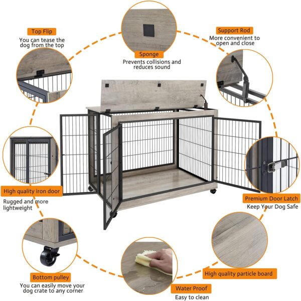 IchbinGo Dog Crate Furniture, Wooden Dog Crate Table, 43.7" Dog Kennel with 3 Doors, Flip-up Top Opening and Wheels, Decorative Pet Crate House for Large/Medium/Small Dog Indoor Use(Rustic Grey) - Image 4