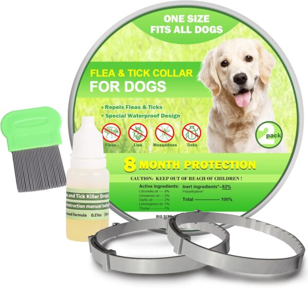 Flea Collar for Dogs, Dog Flea Collar 8 Months Protection, Flea and Tick Collar for Dogs, Flea Prevention for Dogs 2 Pack with Comb and Prevention Treatment Drop