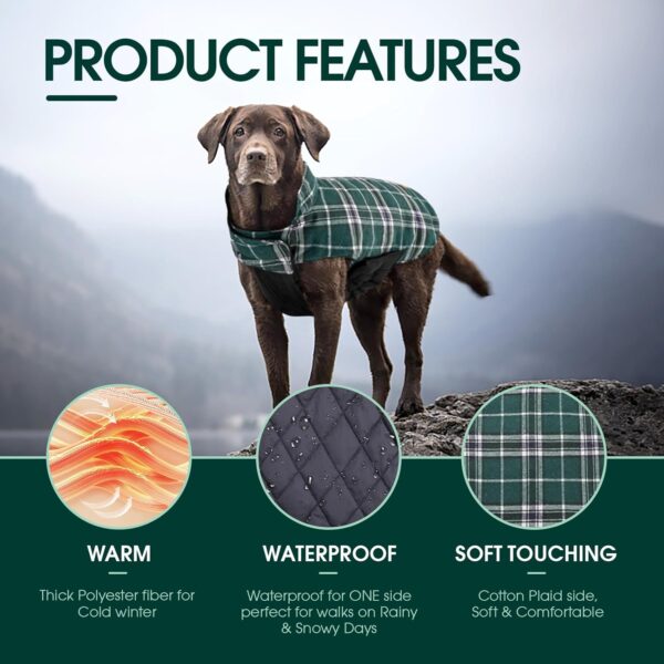 Kuoser Warm Dog Coat, Reversible Dog Jacket Waterproof Dog Winter Coat British Style Plaid Dog Clothes Pet Dog Cold Weather Coats Cozy Snow Jacket Vest for Small Medium Large Dogs Green XL - Image 3