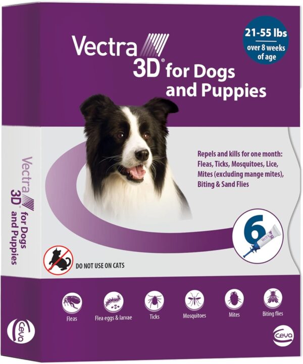 Vectra 3D for Dogs Flea, Tick & Mosquito Treatment & Prevention for Medium Dogs (21 – 55 lbs), 6 Month Supply