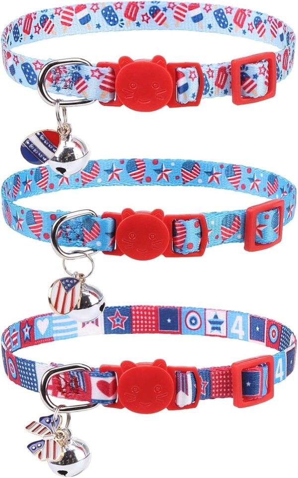 Breakaway Cat Collars with Bell & Cute Pendants - 3 Pack American Flag Adjustable Safety Kitten Collars for Girl Boy Cats Puppy and Small Pets