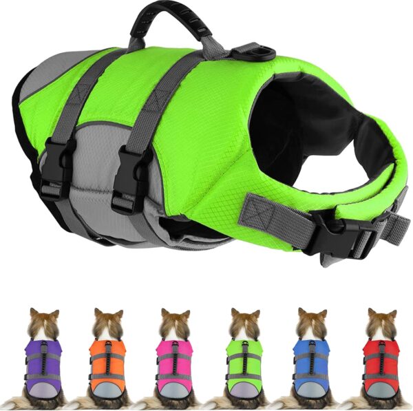 Dog Life Jacket, Reflective & Adjustable Dog Life Vest with Rescue Handle for Swimming and Boating, Ripstop Pet Safety Life Preserver for Small, Medium and Large Dogs Green