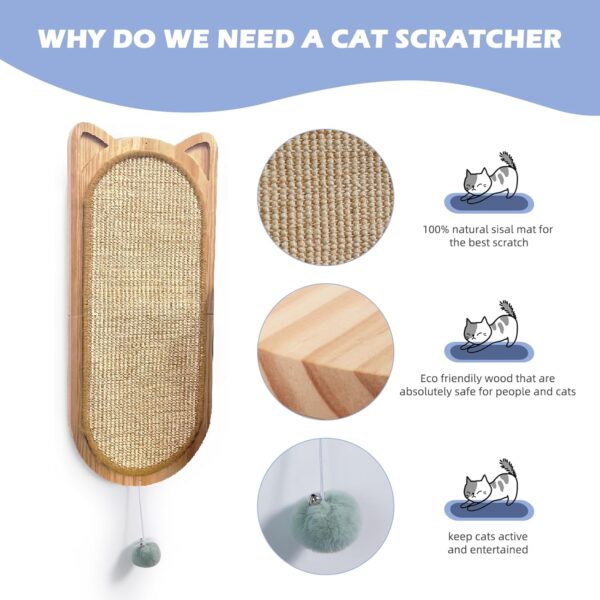 Cat Wall Scratching Post, Sisal Cat Wall Scratcher with Cat Ball Toy, Folding Wall Mount Cat Scratcher, Wood Cat Scratching Board for Couch Protector, Cat Wall Furniture for Cats - Image 4