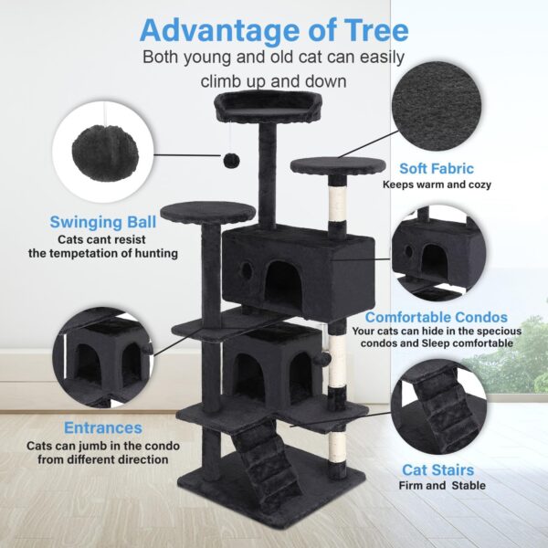 FDW Cat Tree 54in Cat Tower Multi-Level Durable Cat Scratching Post & Cozy Fun Cat Jumping Platform Space Saving Cat Condo Pet Play House for Indoor Cats,Dark Gray - Image 3