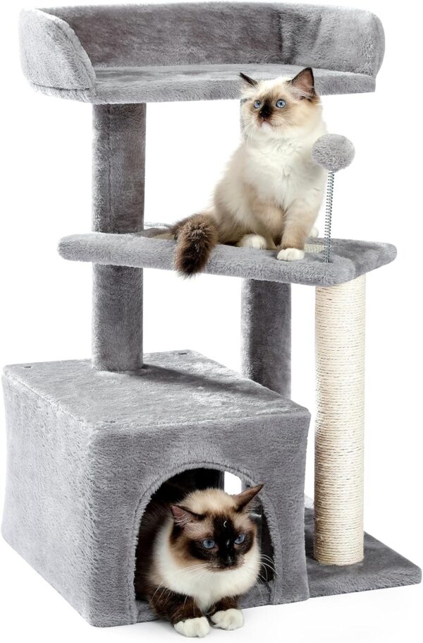 Made4Pets Cat Tree, Carpet Cat Tower Grey for Indoors Cats, Cute Wood Kitty Condo with Scratching Post and Pad, 29" Multi-Level Modern Activity Climbing Furniture for Small and Medium Cats