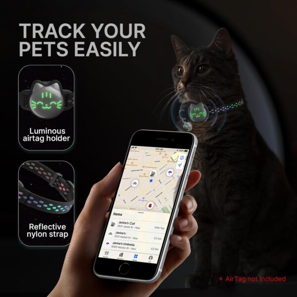 Waterproof Airtag Cat Collar, Breakaway Cat Airtag Collar with Luminous & Reflective Fish Pattern, Lightweight Kitten Collar for Apple Air tag, Hidden GPS Tracker Holder for Cats, Kittens(9-13") - Image 5