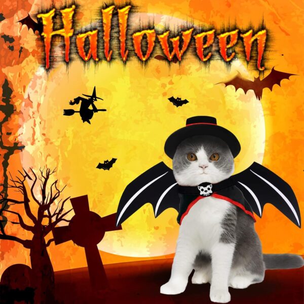 Pet Costumes Cat Cosplay 3 PCS, Vampire Cloak with Bowler Hat Bat Wings Pet Cosplay Costumes for Small Cats Funny Holiday Clothes for Black Halloween Night Bloody Zombie Party Easter Gift - Image 5