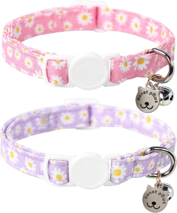 Lionet Paws 2pcs Pack Cotton Cat Collar,Breakaway Buckle with Daisy Pattern and Brand Pendant Cute Adjustable Cat Kitten Collar,Ideal for Girl Cats Boy Cats