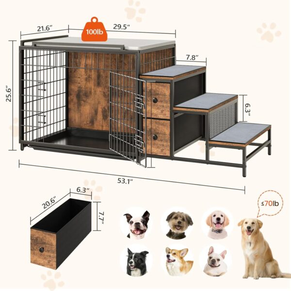 Dog Crate Furniture, 53.1" Wooden Dog Kennel with Storage Drawers and Pull-Out Tray, Dog Window Perch with Steps and Bed, Heavy Duty Dog Cage for Small/Medium Dogs, Rustic Brown DCHR11101 - Image 4