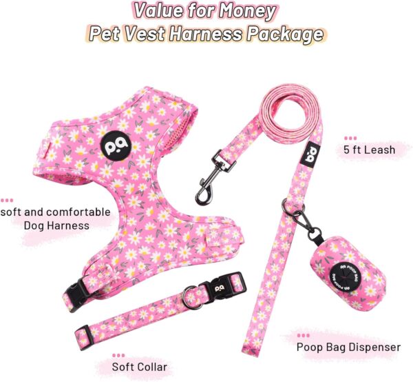 QQPETS Dog Harness Collar Leash with Poop Bag Holder 4 PCS Set, Adjustable No Pull Soft Mesh Padded Vest for Small Medium Large Pet Puppy Outdoor Walking (Daisy Pink, S (Chest 16.1”-22”)) - Image 2