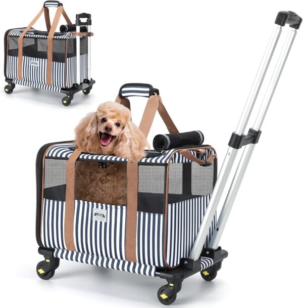 Lekereise Cat Carrier with Wheels for Small Pet, Airline Approved Dog Carrier with Wheels, Rolling Dog Cat Carrier, Stripes