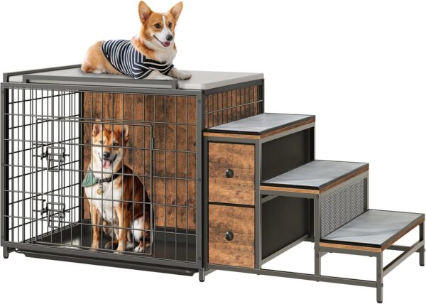 Dog Crate Furniture, 53.1" Wooden Dog Kennel with Storage Drawers and Pull-Out Tray, Dog Window Perch with Steps and Bed, Heavy Duty Dog Cage for Small/Medium Dogs, Rustic Brown DCHR11101