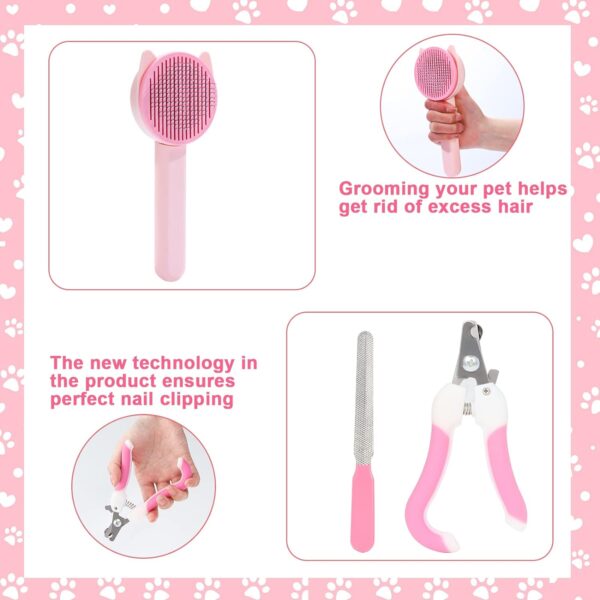 8 Pcs Cat Brush Grooming Kits, Pet Self Cleaning Kit with Pet Nail Clipper and File, Flea Comb, Pet Shampoo Bath Brush, Pet Shedding Brush, Silicone Toothbrush (Pink) - Image 5