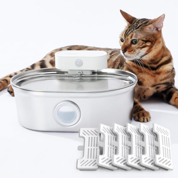 uahpet Upgrade Stainless Steel Cat Water Fountain Pro, Battery Operated Cat Fountain, Pet Water Dispenser for Cats Dogs with Water Level Window, 67oz/2L