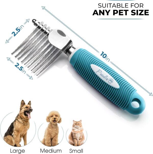 Poodle Pet Dematting Fur Rake Comb Brush Tool - Dog and Cat Comb with Long 2.5 Inches Steel Safety Blades for Detangling Matted or Knotted Undercoat Hair (Blue, Dematting Comb) - Image 2