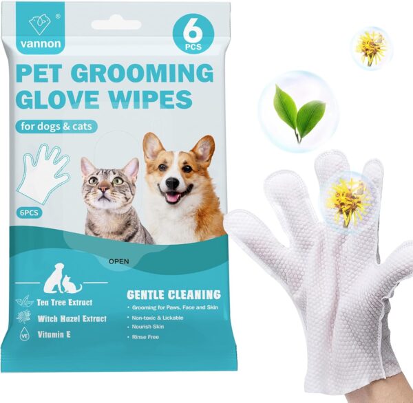 Pet Bathing Wipes for Dogs & Cats, Cleaning & Deodorizing Grooming Gloves, Nourish Fur Glove Wipes for Daily Care and Traveling, Rinse Free，6 PCS