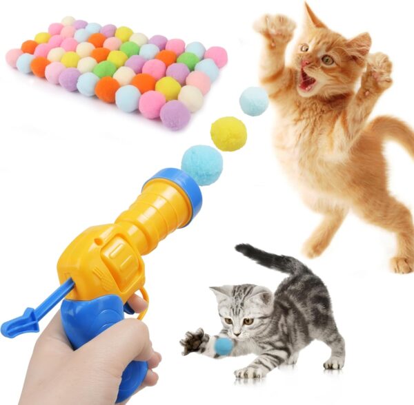 Cat Toys Interactive for Indoor Cats with Interactive Launchers Kitty Toys Cat Toys for Indoor Cats Self Play Cat Ball Toy Pom Pom Balls Puff Balls Cat Enrichment Toys 50 Balls 1.2IN