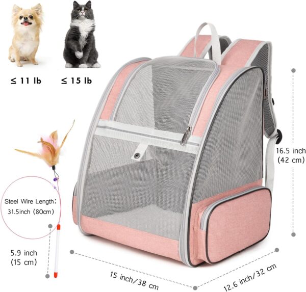 Cat Backpack Carrier, Large Pet Backpack with Cat Wand Feather Toy for Medium Small Dog Cat Puppy Kitten Bunny up to 15lbs, Ventilated Mesh Dog Travel Backpack for Hiking Walking Outdoor Use (Pink) - Image 5