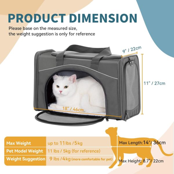 Petsfit TSA Approved Pet Carrier for Small Cats Dogs, Travel Bag with Adequate Ventilation, 3 Entrance, Locking Safety Zippers, Padded Shoulder and Carrying Strap 18Lx9Wx11H Inch Grey - Image 2