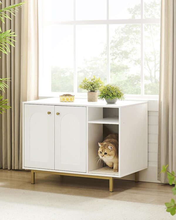 Cat Litter Box Enclosure, Hidden Litter Box Furniture, Wooden Pet House Side End Table, Storage Cabinet Bench for Living Room, Bedroom, 31.5 x 19.7 x 23.9 inches, White and Gold 01503GCLB - Image 3