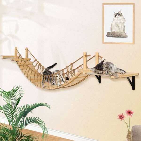 Calmbee Cat Wall Shelves, Cat Wall Furniture 70" Cat Bridge Wall Mount Cat Perch Wooden Hammock Cat Tree Cat Climber Cat Cloud Shelf Board Cats Bed - Image 3