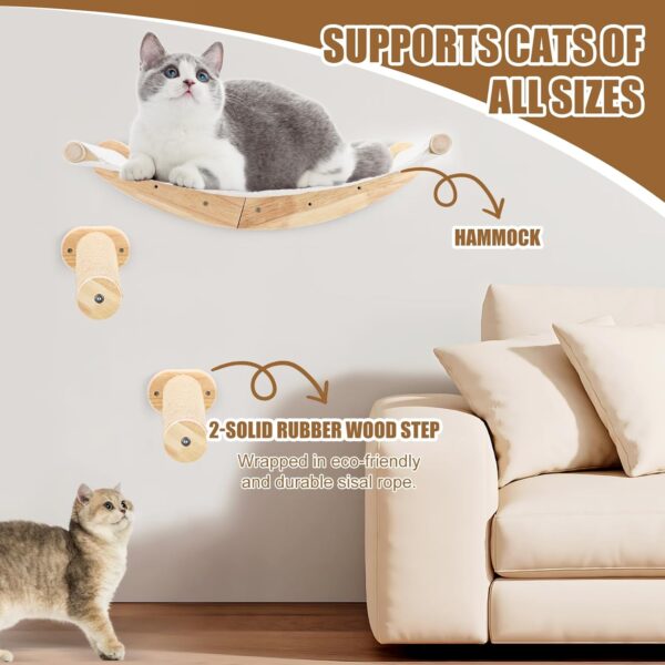 Cat Wall Furniture, 3 Pack Cat Wall Shelves Set, Solid Rubber Wood Cat Wall Steps and Hammock for Sleeping, Playing, Scratching, Climbing - Image 6