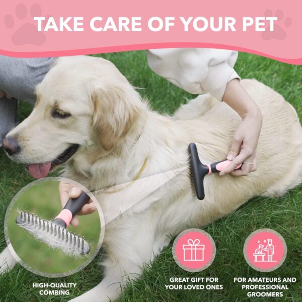 Dog rake deshedding dematting Brush Comb - Undercoat rake for Dogs, Cats, matted, Short,Long Hair Coats - Brush for Shedding, Double Row Stainless Steel pins - Reduce Shedding by 90% (Pink) - Image 7