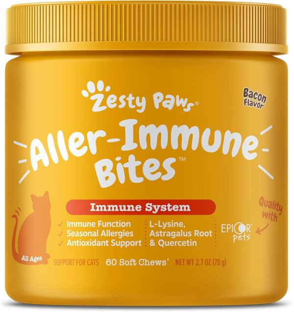 Zesty Paws Cat Allergy Relief - Anti Itch Supplement - Omega 3 Probiotics - Salmon Oil Digestive Health - Soft Chews for Skin & Seasonal Allergies - with Epicor Pets - Bacon - 60 Count