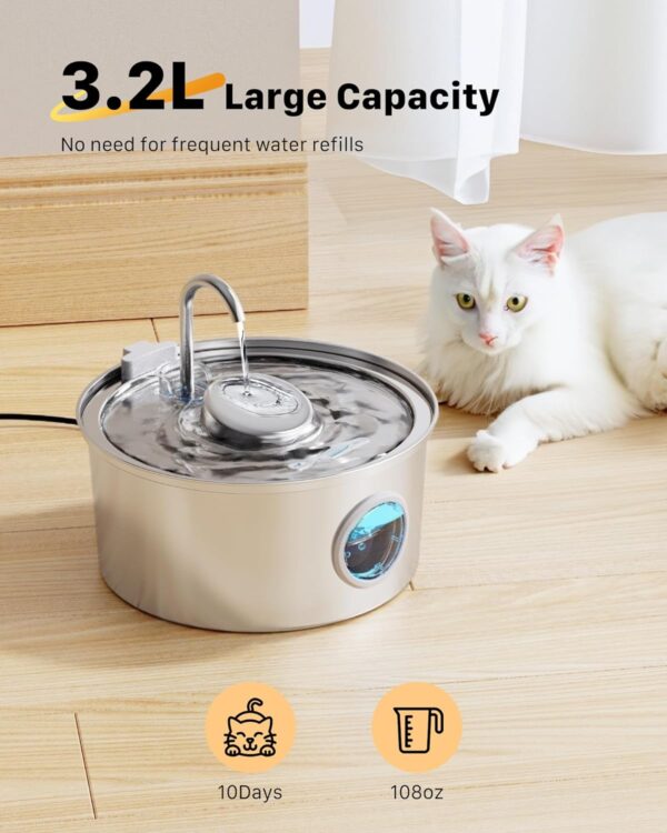 Cat Water Fountain Stainless Steel: Cat Fountain for Drinking Dog Water Bowl Dispenser 108oz/3.2L Automatic Kitty Spout Metal Pet Water Fountain Indoor KOOGMOON - Image 2