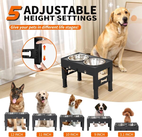 Elevated Dog Bowls 5 Height Adjustable with 2 Stainless Steel Dog Food Bowls Stand Non-Slip No Spill Dog Dish Raised Dog Bowl Adjusts to 3.1”, 9”, 10”, 11”, 12” for Medium Large Dogs - Image 2