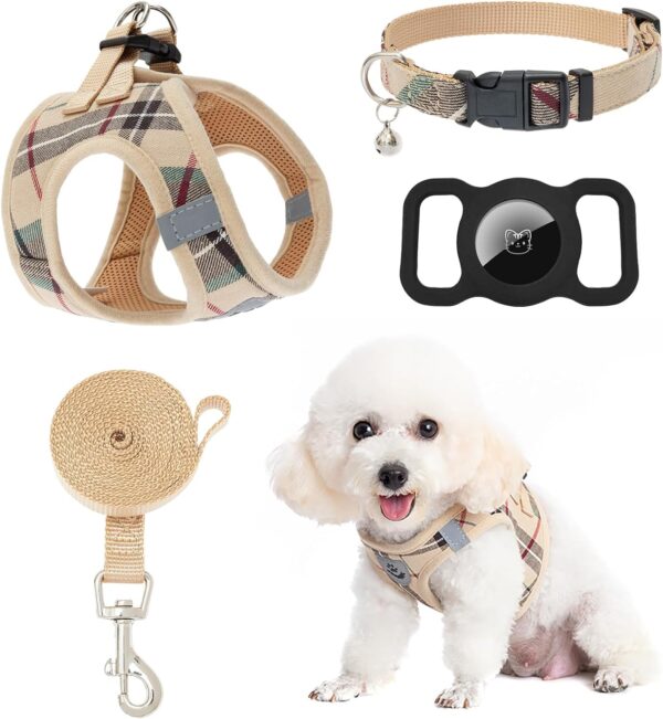 EXPAWLORER Classic Plaid Puppy Harness - Small Dog Harness and Leash Set - Dog Collar and Leash Set with AirTag Holder, Soft Padded Step in Dog Vest Harness No Pull Reflective for Outdoor, Khaki S