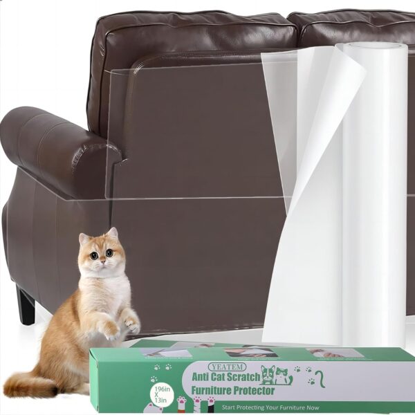 Thicken Anti Cat Scratch Furniture Protector,196"x13"Single-Sided Sticky Couch cat Scratch Protector,Couch Corner Protectors for Cats,transparency cat couch protector,Cat Repellent Tape