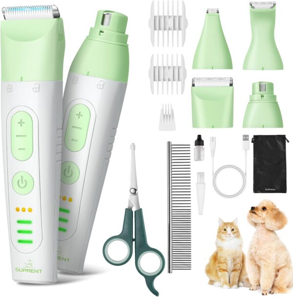 SUPRENT Dog Grooming Kit, 4 in 1 Quiet Pet Clippers for Grooming Supplies, Cordless Cat Paw Trimmer Dog Nail Grinder, Professional Long Hair Shaver Set for Cat Matted Hair and Small Dogs Thick Coats